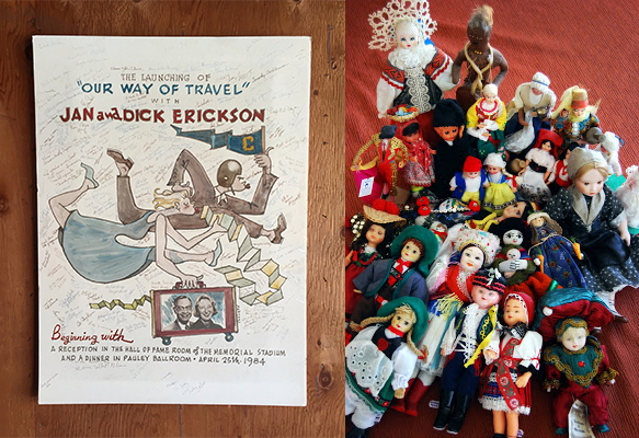 On the left is the poster that hung in my grandparents' home, celebrating the many international tours they led for decades. To the right is the collection of dolls they brought back from all their travels, thus inspiring a new generation of world travelers as their legacy.